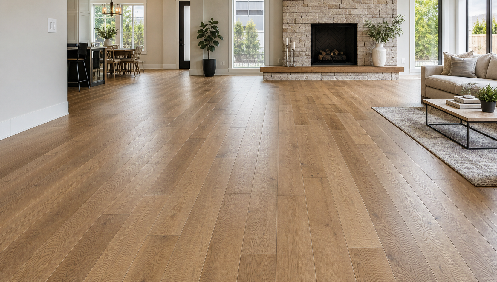 Newly installed wood flooring in a bright living room